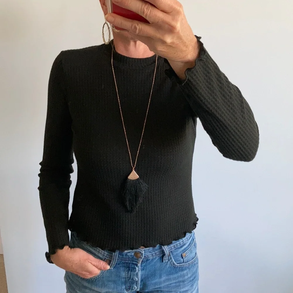 Black Cropped, Waffle Knit Top - Picture 1 of 11